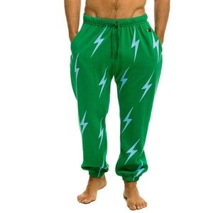 Aviator Nation Bolt Repeat Kelly Green Sky Blue Patches Sweatpants Mens L
